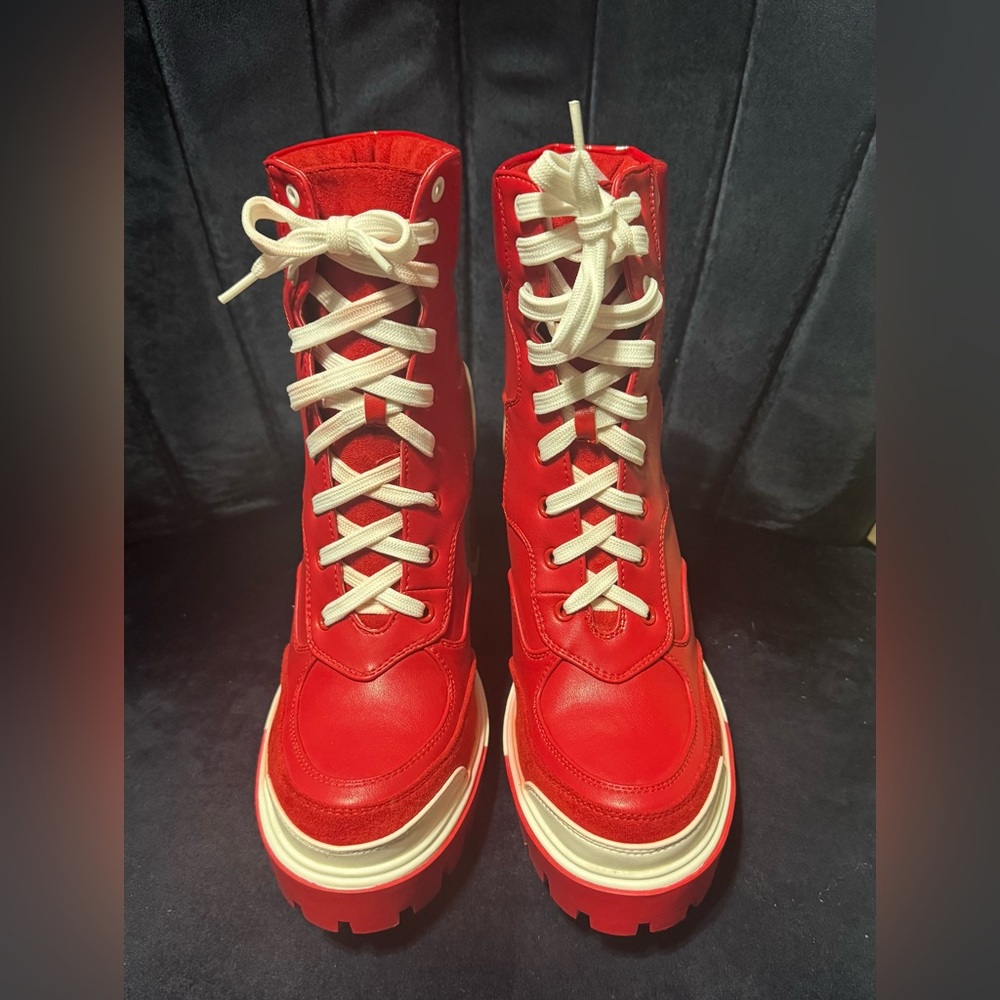 Women's Red Lace-Up Platform Ankle Boots with Contrast Cream Laces
